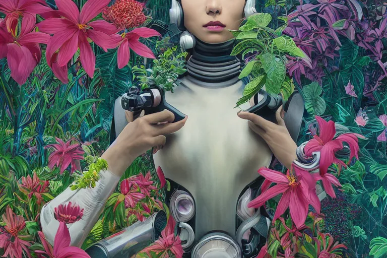 Image similar to evangelionic illustration, gigantic girl head, a lot of exotic vegetation, trees, tremendous pleasure robot, flowers, oldschool vintage sci - fi flat surreal design, super - detailed, oil painting by unji ito, tristan eaton, victo ngai, artgerm, rhads, ross draws,, hd, 4 k, high quality