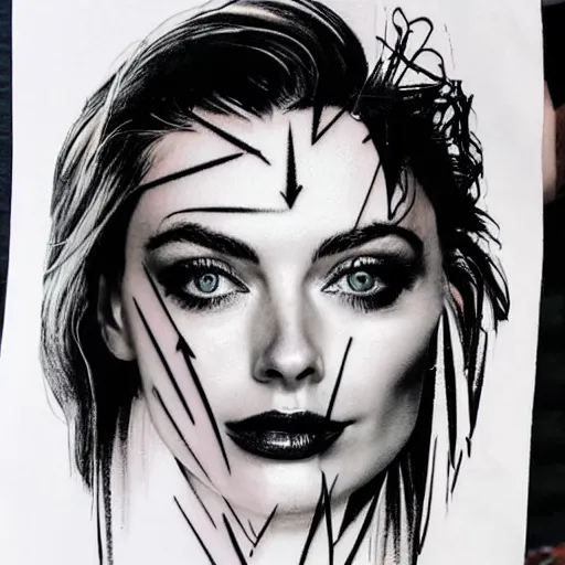Prompt: double exposure tattoo design sketch of beautiful margot's robbie's face blended in beautiful mountains, in the style of matteo pasqualin, amazing detail