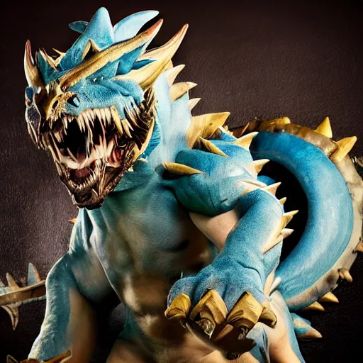 Image similar to zinogre from monster hunter as a real human, portrait photography by annie leibovitz, studio lighting, portrait photograph of a man