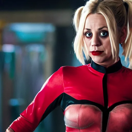 Image similar to A still of Kaley Cuoco as Harley Quinn