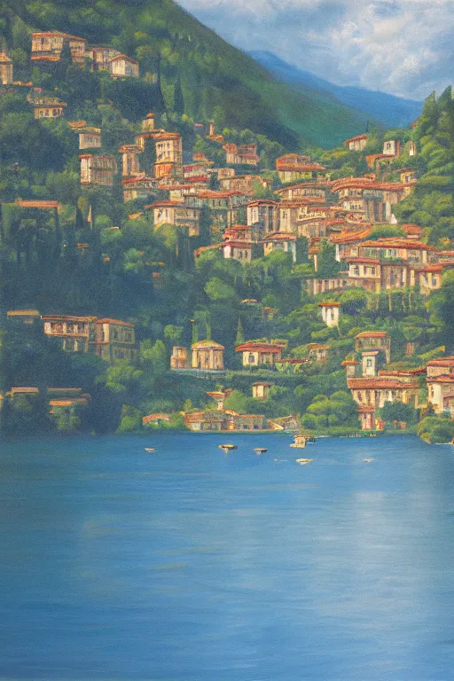 Image similar to Highly detailed oil painting of Lake Como, photorealistic, wide shot, daylight, blue sky, summer, dramatic lighting, award winning, highly detailed, medium format photography, cinestill 800t.