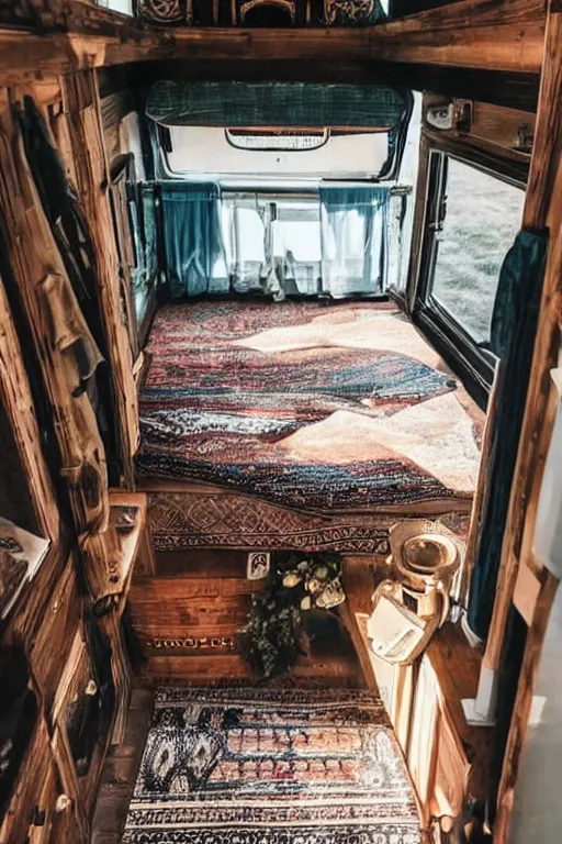 Image similar to conversion van interior, bohemian style, van life, light wood