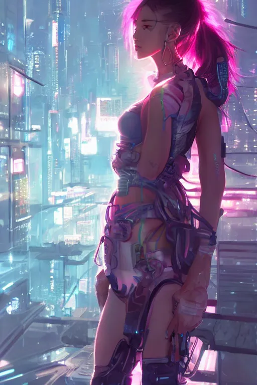 Image similar to portrait futuristic Ninja Girl, in future cyberpunk tokyo rooftop , ssci-fi, fantasy, intricate, very very beautiful, elegant, neon light, highly detailed, digital painting, artstation, concept art, smooth, sharp focus, illustration, art by WLOP and tian zi and alphonse mucha