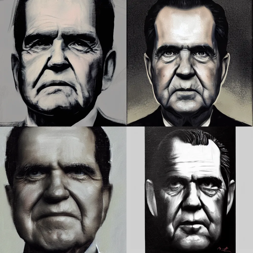 Prompt: A hyperdetailed digital oil portrait painting of Richard Nixon in the style of Guy Denning and Ruan Jia. Trending on ArtStation and DeviantArt. Digital art.