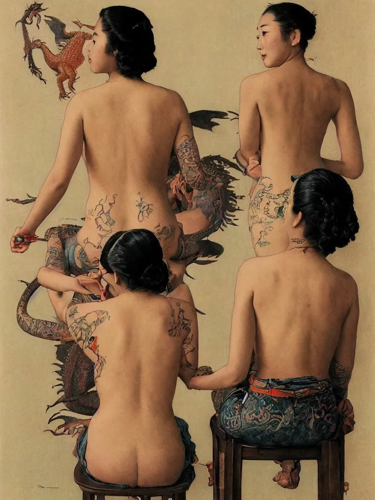 Prompt: a Portrait of a beautiful Asian girl getting a tattoo of a dragon on her back by Norman Rockwell