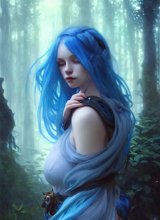 Image similar to stunningly beautiful female blue hair, fantasy art, fae priestess, lush forest landscape, dark light night, sharp focus, digital painting, 4 k, concept art, art by wlop, artgerm, greg rutkowski and alphonse mucha