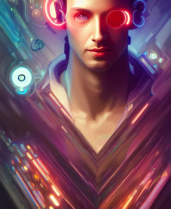 Image similar to a whirlwind inside the metaverse, guy, male, man, hologram, half body, neurochip, android, cyborg, cyberpunk face, by loish, d & d, fantasy, intricate, elegant, highly detailed, colorful, digital painting, artstation, concept art, art by artgerm and greg rutkowski and alphonse mucha