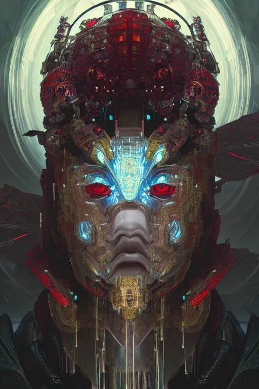 Image similar to asura from chinese myth, ghost, gorgeous and huge head ornaments, dystopian, cyberpunk, organic fractal mycelum and fungi, mecha, halfturn portrait of a big crystal face made of crystals half - turn, ominous, intricate, studio, art by anthony macbain + greg rutkowski + alphonse mucha, concept art, 4 k, sharp focus