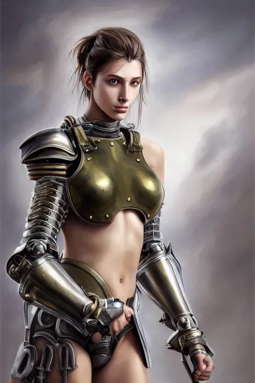 Image similar to a photorealistic painted portrait of an attractive young girl, partially clothed in dull metal-plated battle armor, olive skin, long dark hair, flawless skin, beautiful bone structure, symmetric facial features, perfect photorealistic eyes, natural physique, intricate, elegant, digital painting, concept art, finely detailed, beautifully illustrated, sharp focus, minimal artifacts, from Metal Gear, by Ruan Jia and Mandy Jurgens and Artgerm, in the style of Greg Rutkowski, trending on Artstation, award winning art