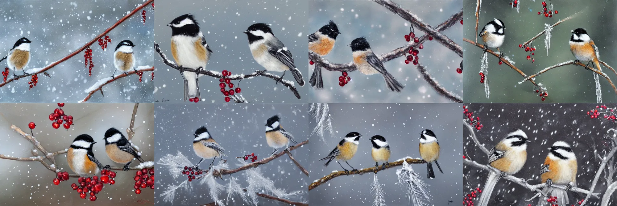 Prompt: a pair of chickadees sitting on the branch of a mountain ash tree, with red berries and icicles hanging down, in the winter, snowing, gray sky with wispy clouds, highly detailed oil painting