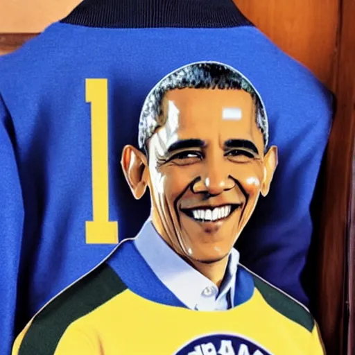 Image similar to realistic photo of casual barack obama wearing a royal blue varsity jacket with yellow sleeves