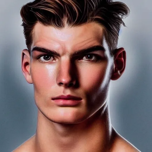 Image similar to “a realistic detailed photo of a guy who is an attractive humanoid who is half robot and half humanoid, who is a male android, Max Verstappen, shiny skin, posing like a statue, blank stare”