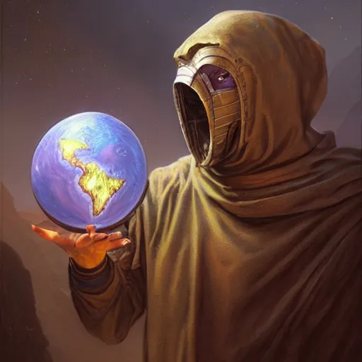 Image similar to masked nomad male wearing a cloak on an alien world and holding a holographic planet projection in his hand, detailed, sci - fi, digital painting, artstation, sharp focus, illustration, ominous, artgerm, tomasz alen kopera, peter mohrbacher, donato giancola, joseph christian leyendecker, wlop, frank frazetta