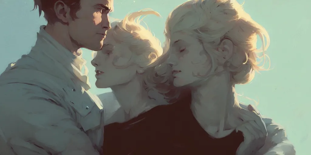 Image similar to portrait of cullen with a beautiful woman he loves by atey ghailan, by greg rutkowski, by greg tocchini, by james gilleard, by joe fenton, by kaethe butcher, dynamic lighting, gradient light blue, brown, blonde cream and white color scheme, grunge aesthetic