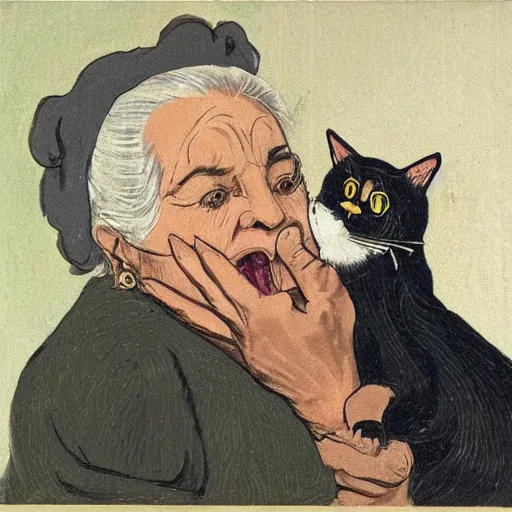 Prompt: an old woman opening her mouth wide and a cat jumping down her throat