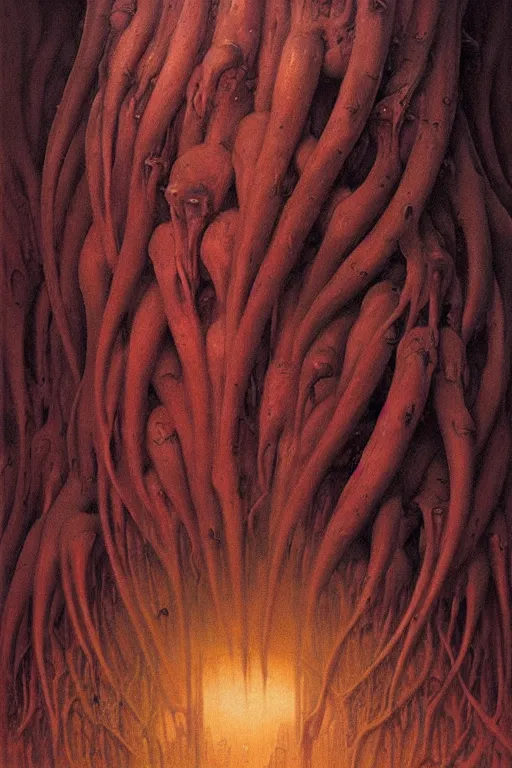 Image similar to there's something strange in the giant banana, close up of banana, by zdzislaw beksinski, by dariusz zawadzki, by wayne barlowe, gothic, surrealism, cosmic horror, lovecraftian, cold hue's, warm tone gradient background, concept art, beautiful composition