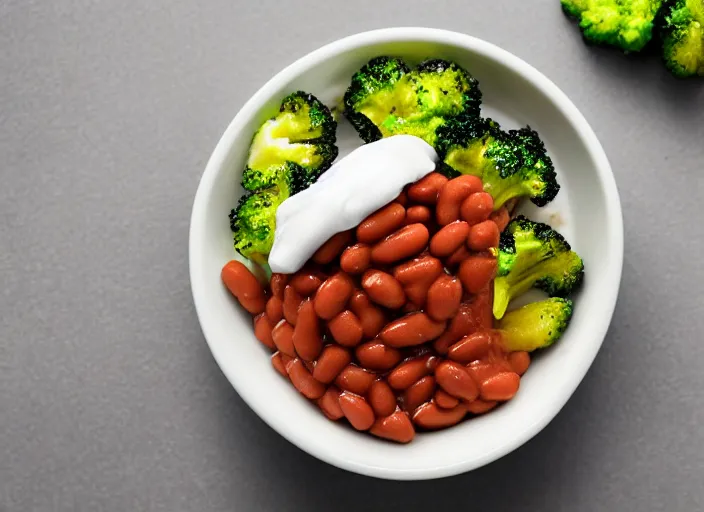 Image similar to food photo still of soft serve swirled frozen yogurt topped with baked beans and broccoli, 8 5 mm f 1. 8 studio lighting