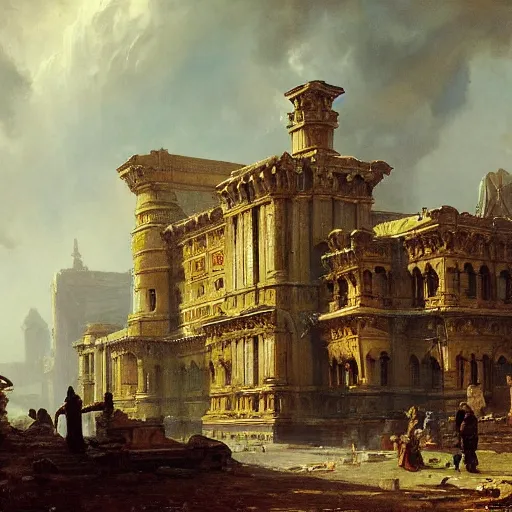 Prompt: painting of a scifi ancient civilzation victorian, brutalist architecture, andreas achenbach