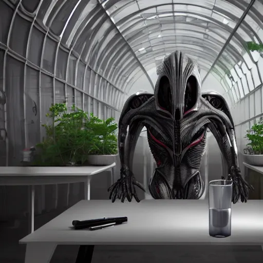 Prompt: cyborg human Xenomorph giant sitting at a table inside the depths of futuristic citadel, amazing 8k character concept art, plant conservatory biolab, fineline detail, cinematic quality, vray 8k render