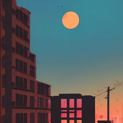 Image similar to A beautiful photo of the sunset behind a tall building , artstation, Long distance shooting , by Victo Ngai