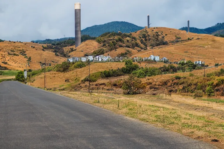 Prompt: looking down road, warehouses lining the road. hills background with radio tower on top. telephoto lens compression.