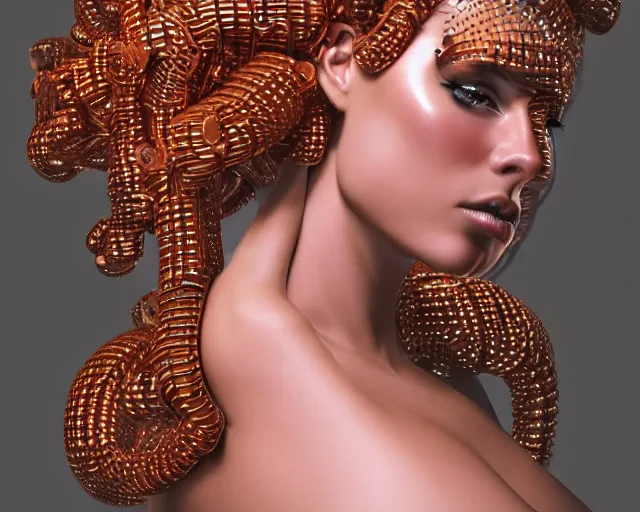 Prompt: beauty woman made of small copper cubes, hair made from electrical wiring and conduits, very detailed, dramatic lighting, mechanical details, electrical details, high details, 4k, 8k, trending on artstation, by Hajime Sorayama and Boris Vallejo