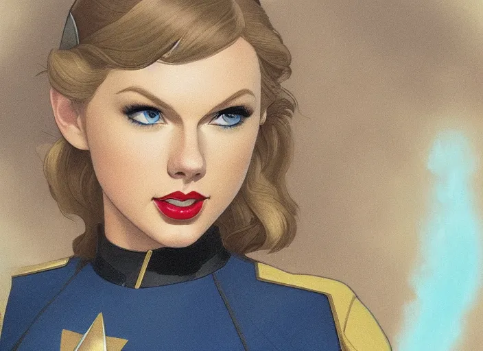 Image similar to a disney film still of taylor swift as a star trek officer, finely detailed features, closeup of the face, perfect art, dusk, blue hour, gapmoe yandere grimdark, trending on pixiv fanbox, painted by greg rutkowski, makoto shinkai, takashi takeuchi, alphonse mucha, akihiko yoshida