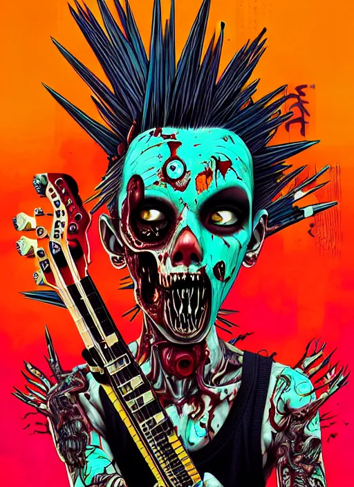 Image similar to a zombie punk rocker with a mohawk playing electric guitar, tristan eaton, victo ngai, artgerm, rhads, ross draws, rule of thirds by francis tneh