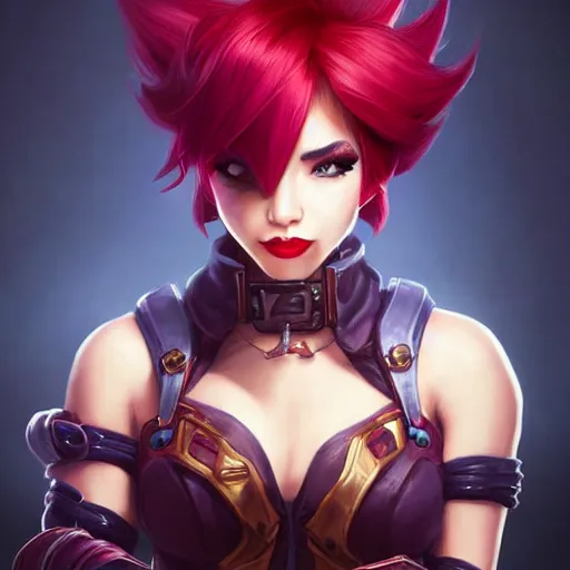 Image similar to portrait of Vi from League of Legends, by Fortiche Studio, from Netflix's Arcane, trending on artstation,fine details, realistic shaded, fine-face, Steampunk city on the background, red hair, steampunk metal boxing gloves on hands, painted texture, pretty face,by Artgerm