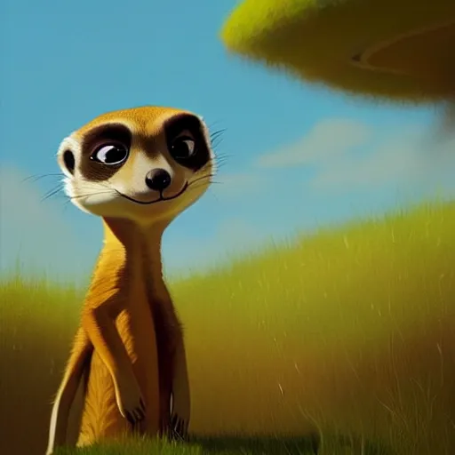 Image similar to goro fujita ilustration a meerkat in profile looking over the meadow, on a sunny day by goro fujita, painting by goro fujita, sharp focus, highly detailed, artstation