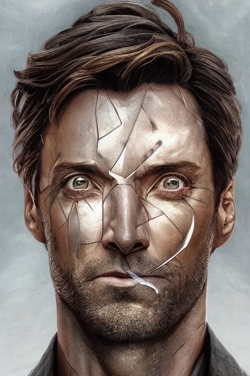 Image similar to symmetry!! portrait of hugh jackman in the boys in the style of god of war, machine parts embedded into face, intricate, elegant, highly detailed, digital painting, artstation, concept art, smooth, sharp focus, illustration, art by artgerm and greg rutkowski and alphonse mucha, 8 k