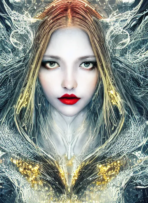 Image similar to glowing silver and golden elements, full close-up portrait, dark witch from freepik, book cover, green forest, white moon, red lips, establishing shot, extremly high detail, photo-realistic, cinematic lighting, pen and ink, intricate line drawings, by Yoshitaka Amano, Ruan Jia, Kentaro Miura, Artgerm, post processed, concept art, artstation, matte painting, style by eddie mendoza, raphael lacoste, alex ross