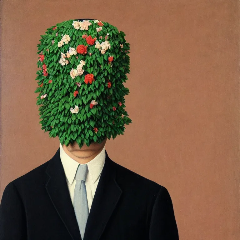 Image similar to portrait of man in a suit with flowers hiding his face by rene magritte, detailed painting, hd, hq, high resolution, high detail, 4 k, 8 k