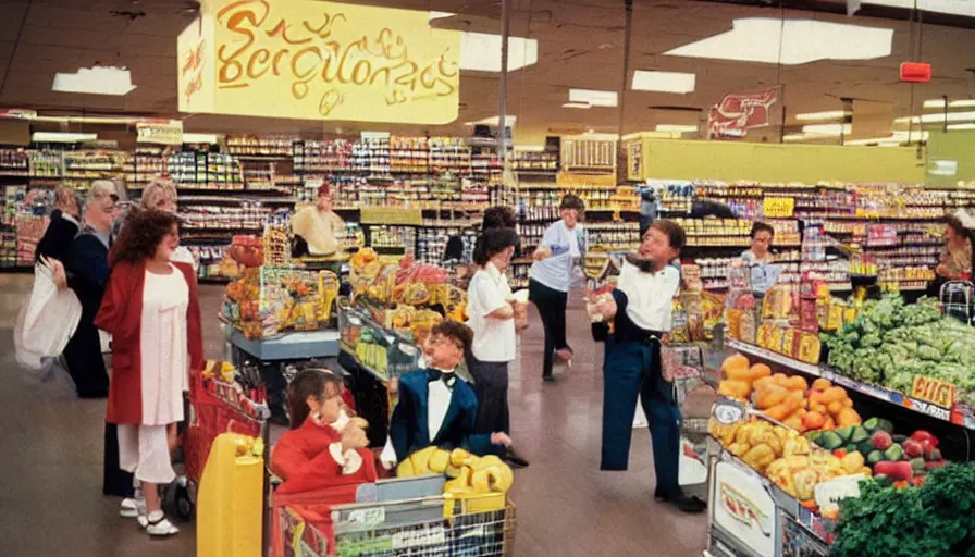 Image similar to 1990s candid photo of a beautiful day at the grocery store, cinematic lighting, cinematic look, golden hour, large costumed mascot business people giving presentations to families, Enormous personified business people with outstandingly happy faces coming out of a portal and talking to families, UHD