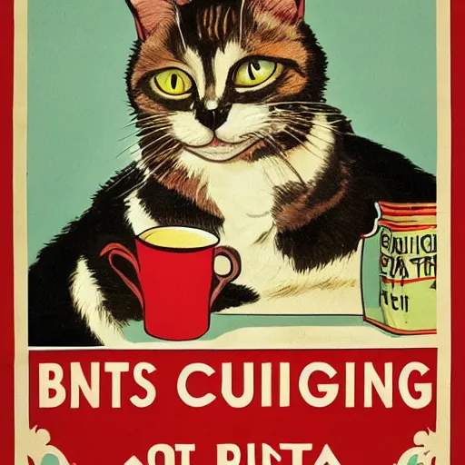 Image similar to british cat sipping on tea, propaganda poster