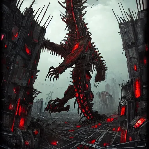 Image similar to high quality art of a giant mechanized dragon in an apocalyptic future, made of plates and armor throughout the body, having 4 limbs and 4 talons on each foot, and glowing fiery red eyes, climbing over a destroyed building in a hazy radioactive atmosphere, roaring with an epic pose into the air as the building crumbles under the weight, showing lots of sharp teeth. furaffinity, deviantart, artstation, high quality