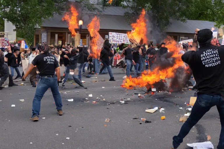Image similar to violent protest in front of The cracker barrel, photorealistic