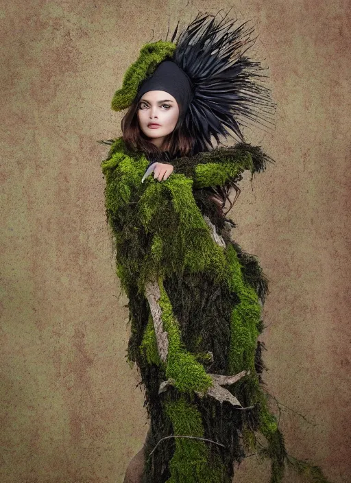 Prompt: a photo of a female model, orgnic headpiece, vines, horn, moss, fashion photography, realistic, hyperdetails, dark grey backdrop studio, tree bark and moss costume