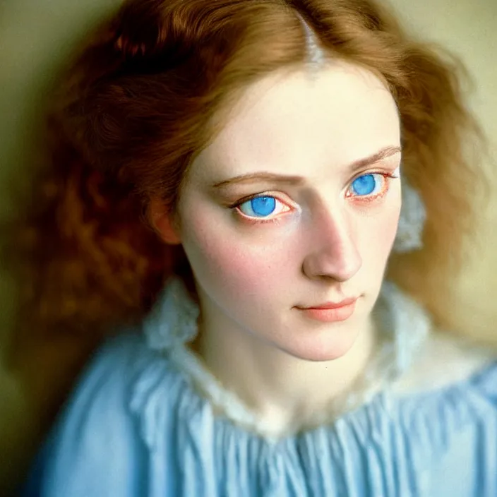 Image similar to Kodak Portra 400, 8K, soft light, volumetric lighting, highly detailed, britt marling style 3/4, view from above of close-up portrait photo of a beautiful woman, pre-Raphaelites painter, Huge blue eyes, with velvety brown lashes. girlish woman who looks extremely fragile and sickly, like a neurasthenic Victorian maiden. Hair is light brown in long curls; skin is pale. Pretty in a frivolous, invalid way. Gives the impression of being slight. , Realistic, Refined, Highly Detailed, natural outdoor soft pastel lighting colors scheme, outdoor fine art photography, Hyper realistic, photo realistic,warm lighting,