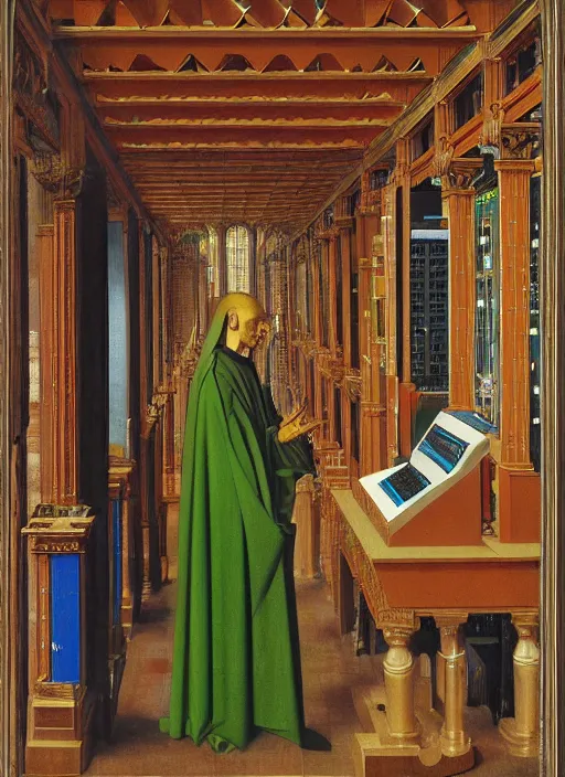 Image similar to a cybernetic priest jacking into the mainframe by Jan van Eyck