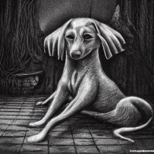 Image similar to dog in creepy scary nightmare atmosphere, realsitic