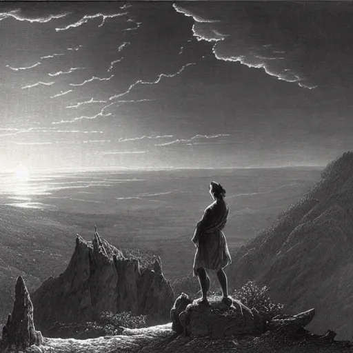 Prompt: A wanderer on a mountain, montaintop, georgeous view, distant forest, distant city, distant glow, night, moon, dramatic light, Chiaroscuro, long shadows, dark, masterpiece, high detail, detailed, illustration by Paul Gustave Doré