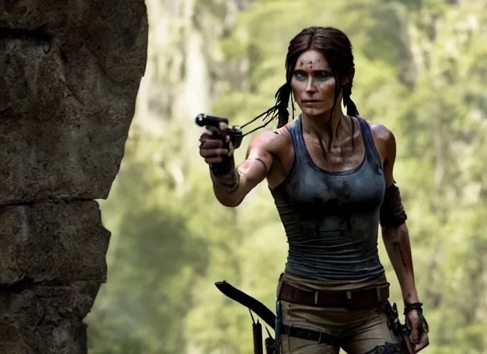 Image similar to film still of!!!! jared leto!!! as lara croft in new tomb raider movie, 8 k