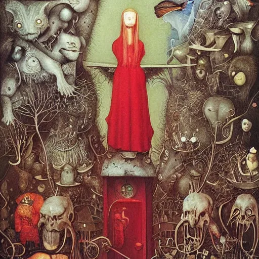 Image similar to https : / / s. mj. run / aa 3 qcrwdt 0 8 the end is near, surrealism hyperdetailed intricate a life in red, by daniel merriam, by hieronymus bosch, gustave dore