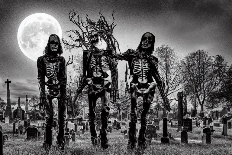 Prompt: skeletons in leather jackets with electric guitars in them hands in a cemetery, rock concert, dark night, full moon, crows on the oak tree, highly detailed digital art, photorealistic, black and white