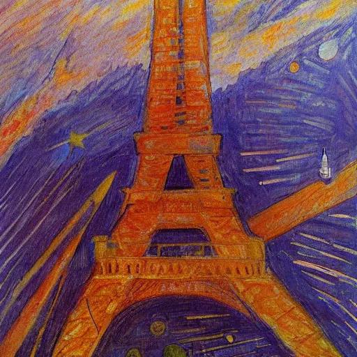 Prompt: starship enterprise in the sky, background eiffel tower, oil painting by toulouse lautrec, wallpaper