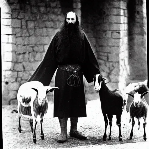 Prompt: photo of breton monks looking like rasputin, with a goat