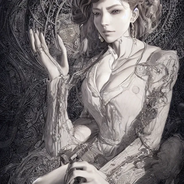 Image similar to the portrait of the lawful evil sorceress lawyer as an absurdly beautiful, graceful, elegant, sophisticated, mature woman, an ultrafine hyperdetailed illustration by kim jung gi, irakli nadar, intricate linework, bright colors, octopath traveler, final fantasy, unreal engine 5 highly rendered, global illumination, radiant light, detailed and intricate environment