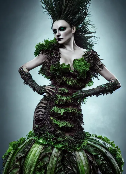 Image similar to expressive full body photo of demoness, dress made of cabbages, glamour shot, by karol bak, stefan gesell, photorealistic, nikon d 4 x, fashion photography, hyper maximalist, elegant, ornate, luxury, elite, environmental portrait, symmetrical features, octane render, unreal engine, solid dark grey background, dramatic lights