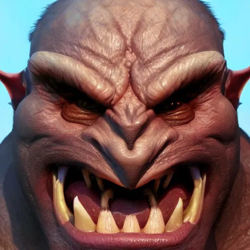 Image similar to An orc smiling into the camera, portrait, artstation, realistic, highly detailed, bokeh